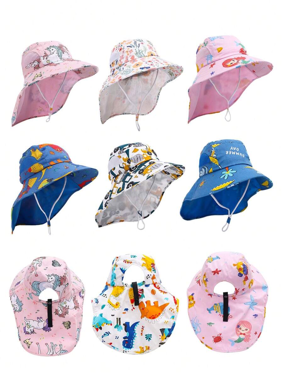 1pc Cartoon Unicorn/Mermaid/Dinosaur Pattern Kids Large Brim Shawl Bucket Hat, Boys Girls Sun Hat For Spring Summer Autumn Outdoor Travel Beach, UV Ion - Nhiều màu - Xem 1