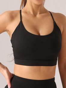 1pc Women Strappy Racerback Yoga Sports Bra With Removable Pads, Shockproof Wireless Fitness Bra