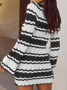 夏季女士条纹钩针罩衫前系带 V 领长袖针织迷你连衣裙，适合海滩 - 黑色 - 查看 2