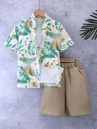Jongens Tropische Plantenbladeren Allover Print Casual Shirt & Shorts Set, Zomer