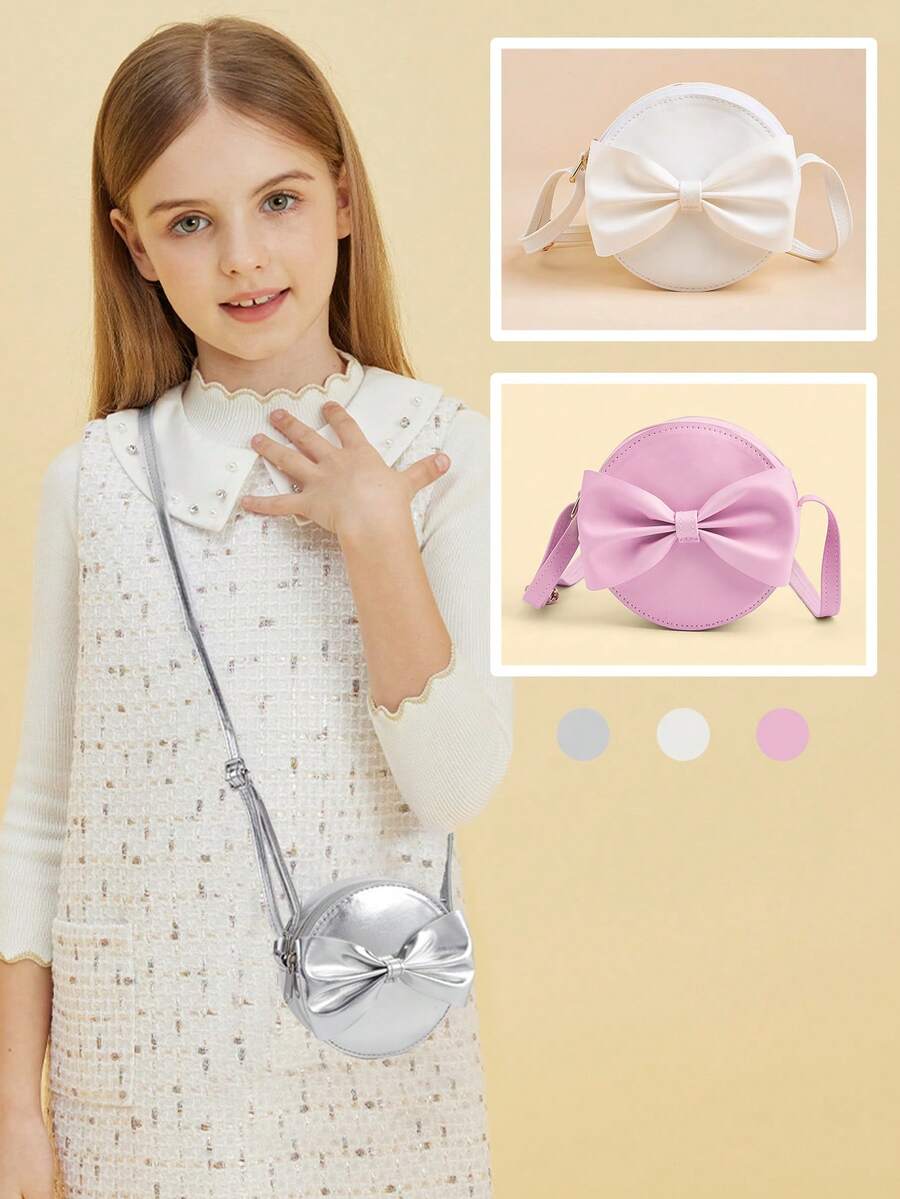 1pc Girls' Bowknot Mini Round Crossbody Bag, Princess Style, Matching Outfit, Birthday Gift - Small Shoulder Bag - View 1
