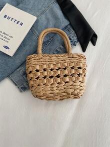 女孩蝴蝶结草编手提包，迷你编织篮包，度假风格 - A - 查看 6