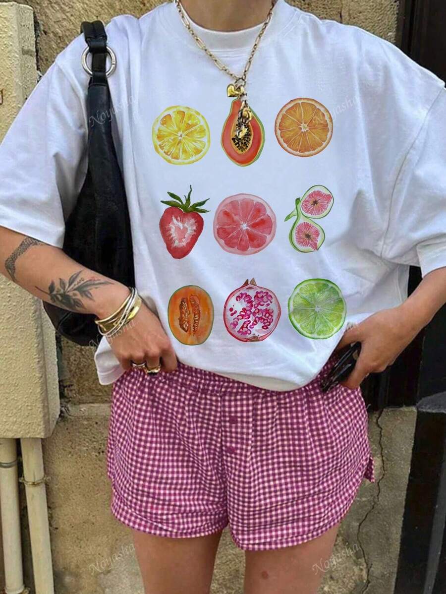Camiseta con gráfico de frutas para mujer, camiseta de cuello redondo de manga corta, parte superior para primavera/verano, regalo de cumpleaños