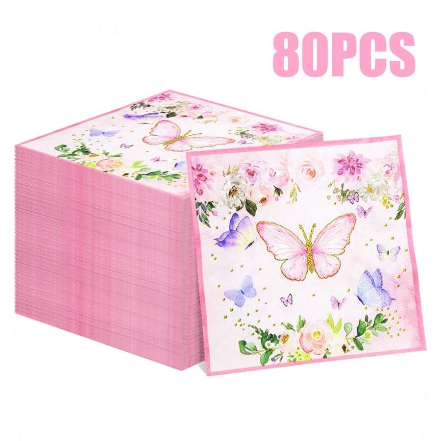 80/40/20 piezas Servilletas desechables de 13 * 13 pulgadas con estampado de mariposas y flores en rosa y azul, para uso en fiestas de cumpleaños, reuniones familiares, banquetes de bodas, decoración de hoteles y restaurantes
