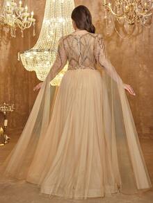 SUPGIR Plus Size V-Neck Extra Long Mesh Sleeve Luxury Beaded Patchwork Decorated Slit Hem Evening Party Dress,Gown,Formal,Wedding Guest, Fall Women Clothes - Champagne - View 2