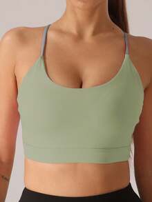1件装女士六根细带扇形吊带支撑瑜伽运动文胸，轻薄衬垫无钢圈无缝夏季运动文胸 - 綠色 - 查看 5
