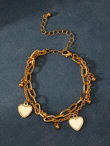 1pc Vintage Double-Layer Heart Shaped Chain Bracelet, Fashion Hip-Hop Style Beaded Chain Bracelet/Anklet, Gift For Friends, Valentine's Day Gift