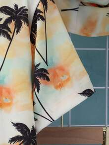 3pcs/Set Boys' Summer Coconut Tree Beach Print Casual Outfit Set With Hat - Coral Orange - View 5