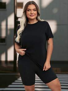 大码夏季休闲纯色短袖 T 恤和短裤运动套装