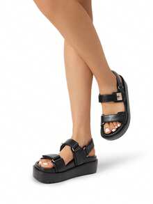 Women's Wedge Sandals,Comfortable Platform Dress Shoes, Round Toe Casual & Dressy Flatform Summer Sandals With Adjustable Straps - Black - View 2