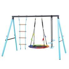 Swing Swing Seesaw Set With Metal Frame, Nest Tree Swing, , Seesaw Height Adjustable, Climbing Ladder & Climbing Net, Outdoor Play - Blue - View 10