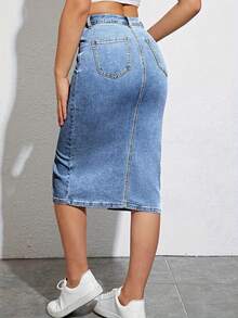 Women's Fashion Stretch Denim Hip Skirt Mid-Skirt - 淺色水洗藍 - 查看 2