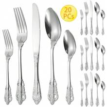 Juego de cubertería de 20 piezas chapado en oro real de acero inoxidable, servicio para 4 personas, juego de cubiertos duradero de 20 piezas para bodas y fiestas, apto para lavavajillas, juego de cubertería de 20 piezas, útiles escolares