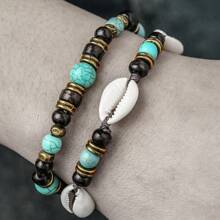 RINTOLER 1set/3pcs Boho Style Coconut Shell & Turquoise Beads Hollow Elastic Bracelet Set, Suitable For Daily Wear Or Vacation Matching