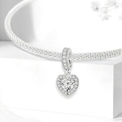 1 pieza Colgante con forma de corazón de plata de ley 925 con circonita, adecuado para hacer pulseras y brazaletes de joyería DIY, regalo de aniversario, accesorio elegante para mujer, regalo del Día de San Valentín