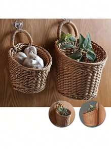 1/3 Stücke Wandaufhänge Korb Set, verschiedene Stile verfügbar, gewebte Plastik-Rattan-ähnliche an der Wand montierte Organizer Körbe, handgefertigte Hängecontainer für Küche, Ingwer Knoblauch Obst Blumen, Mehrzweck Aufbewahrungsregale, perfekt als Geschenk zu Weihnachten/Halloween