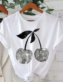 Short-Sleeved Round-Neck T-Shirt With Silver Cherry Print - White - View 2