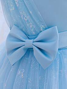 H HIBOBI Baby Girl Asymmetric Sleeve Butterfly Print Tulle Party Dress, Birthday Outfit - Blue - View 5