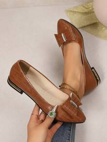 Women Soft Leather Flat Shoes, Suitable For Dresses, Soft Bottom Gentle Breeze Pointed Toe Flats, Four Seasons Loafers, Plus Size Women Shoes, French Gentle Breeze Flats, Korean Versatile Elegant Flats, Gold Casual Flat Shoes, Soft Bottom Office Work Shoes - Brown - View 5