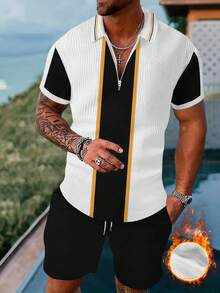 Plus Size Men's Summer Casual Set, Zipper Polo T-Shirt And 3D Print Jogging Shorts 2 Pieces Outfit, Suitable For Vacation & Daily Wear, Cozy Outfits