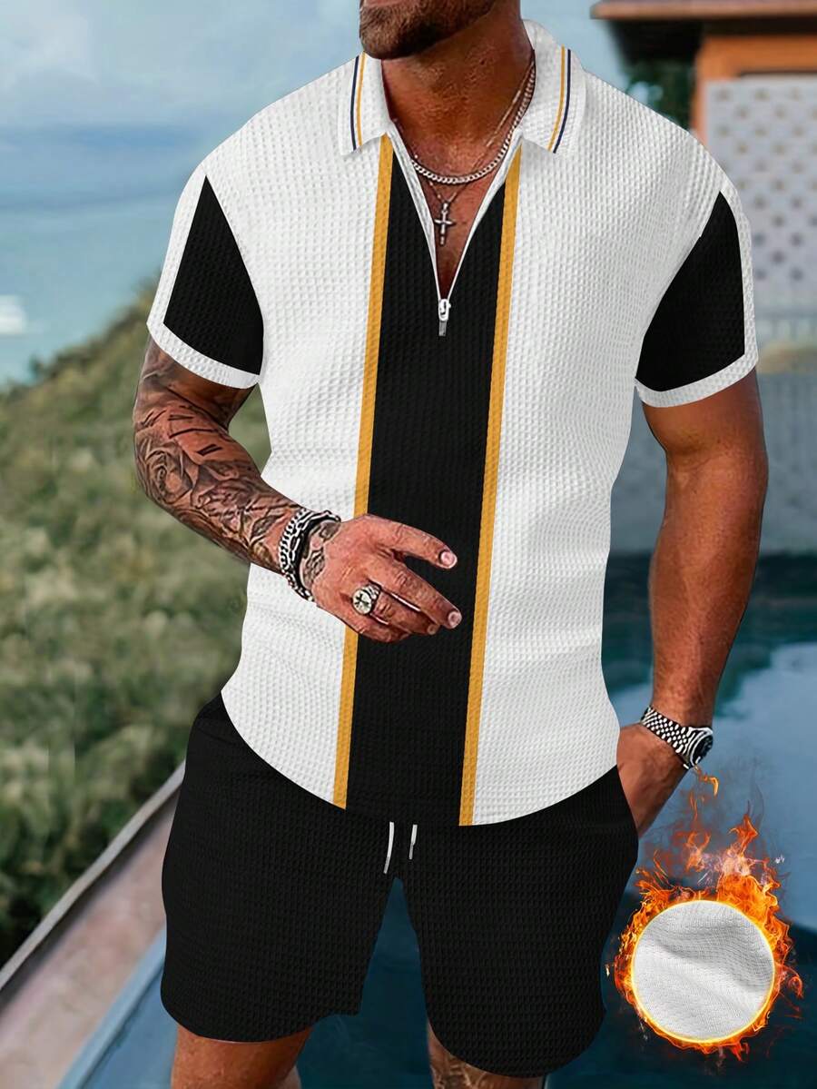 Plus Size Men's Summer Casual Set, Zipper Polo T-Shirt And 3D Print Jogging Shorts 2 Pieces Outfit, Suitable For Vacation & Daily Wear, Cozy Outfits