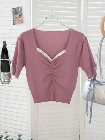 Puff Sleeve Short Sleeve T-Shirt, Women's Summer New Crop Sexy Knit Blouse