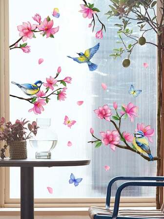 2 张/套花、鸟、蝴蝶墙贴、桃花、窗户、镜子 DIY 装饰贴纸，适用于卧室、客厅、厨房等房间装饰家居装饰墙壁装饰浴室装饰卧室装饰房间装饰用品客厅装饰房屋装饰家居装饰客厅墙壁艺术墙纸个性化贴纸