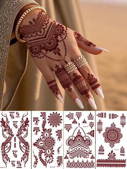 4pcs Sensual Hand Flower Design Tattoos In Brown, Red, Chestnut Colors For Finger, Nail, Body Art, Suitable For Wedding, Party