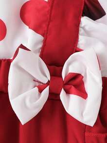 Baby Girls' Fashionable Minimalist Cute Square Neck Bowknot Bodysuit With Heart Shaped Print, Ruffled Edges, Headband, Spring/Summer - Red - View 4