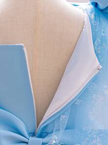 H HIBOBI Baby Girl Asymmetric Sleeve Butterfly Print Tulle Party Dress, Birthday Outfit - Blue - View 6