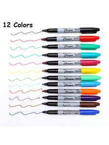 12pcs/6pcs12 Color Fine Tip Permanent Marker Set For Office, Classroom And Home, Quick Dry Ink - Plastic Material (Random Colors),Back To School - Multicolor - View 1