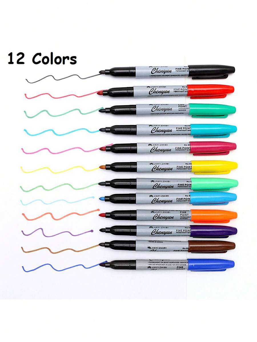12pcs/6pcs12 Color Fine Tip Permanent Marker Set For Office, Classroom And Home, Quick Dry Ink - Plastic Material (Random Colors),Back To School - Multicolor - View 1