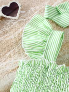 2pcs/Set Baby Girls Cute Cap Sleeve Striped Top And Bow Shorts With Headband, Spring/Summer - Green - View 3