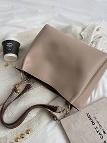 1pc Letter Contrast Color Strap Large Capacity Tote Bag, Versatile Shoulder Bag Suitable For Women To Commute - Khaki - View 6