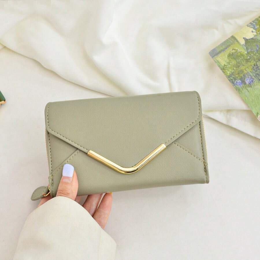 INS 新款高品质信封拉链女士钱包简约多槽 PU 零钱包卡包女士钱包迷你钱包钱包小钱包 - 薄荷綠 - 查看 1