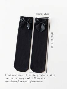 1 双蝴蝶结设计日式及膝袜，洛丽塔褶边甜美风，适合女性，春/秋，秋季 - 黑色 - 查看 2