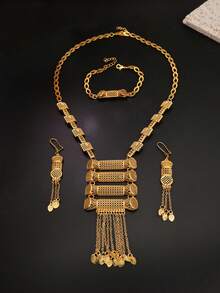 Bộ 4 món trang sức hình học rỗng cổ điển gồm hoa tai, vòng cổ, vòng tay cho nữ - Vàng - Xem 3