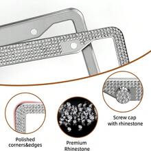 1pc/2pcs Rhinestone Bling Car License Plate Frame, Stainless Steel Handmade, With Shining Crystal Screw Caps & Installation Tools, Fit For US License Plate Size, Waterproof & Rustproof Auto Accessories - 2pcs - View 3