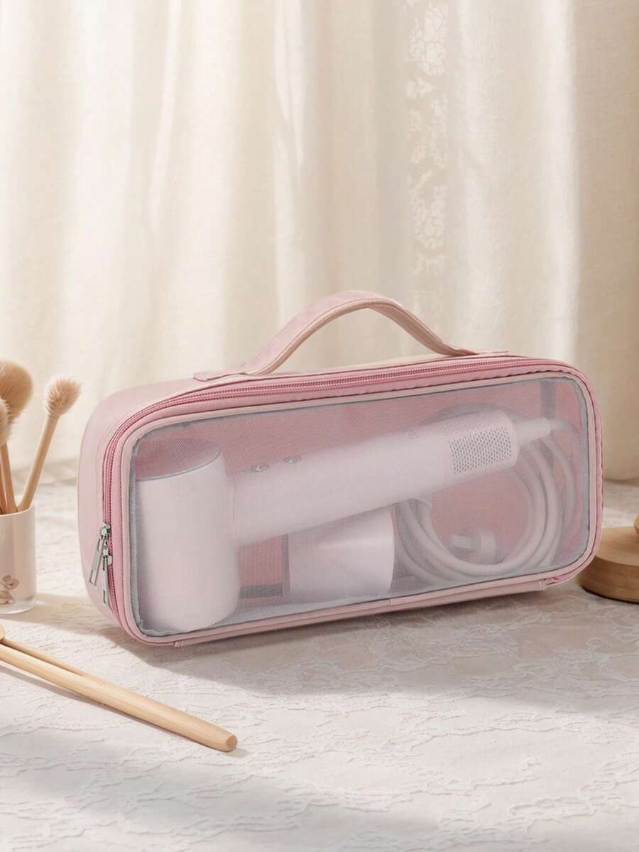 1 pièce Sac de rangement portable pour sèche-cheveux, sac en maille transparent pour le voyage, le rangement des cosmétiques et du fer à friser. Sac cosmétique multifonctionnel, de rangement des cosmétiques, de toilette de voyage, sac à main, anti-poussière, grande capacité. Étui de protection pour fer à friser et à lisser, rangement pour sèche-cheveux, accessoire de voyage, fournitures de rentrée scolaire