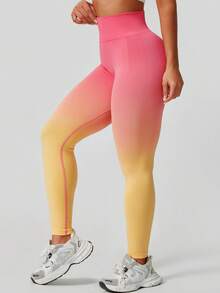 Summer Workout Women's Fashion Ombre Peach Butt Lifting Seamless High Waist Shapewear Leggings - Yellow - View 2