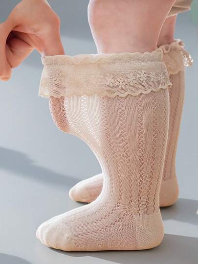 1 Pair Baby Girls' Lace Edge Thin Mesh Long Socks, Summer