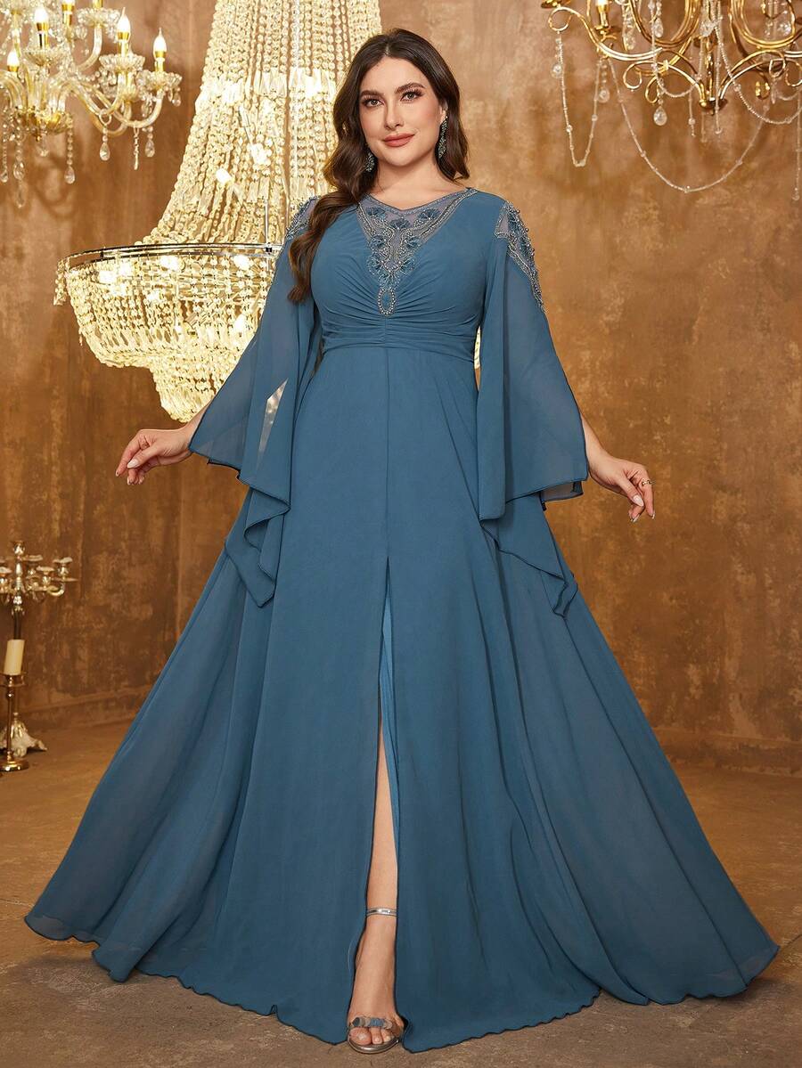 SUPGIR V-Neck Long Sleeve Waist Gathering, Luxury Sequins Splice Decor Front Center Split Maxi Hem Evening Gown - Dusty Blue - View 1