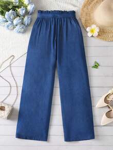 1pc Denim Effect Fabric Comfortable Teens/Juniors Girls Pants With Belt, Suitable For Daily Outings - Royal Blue - View 2