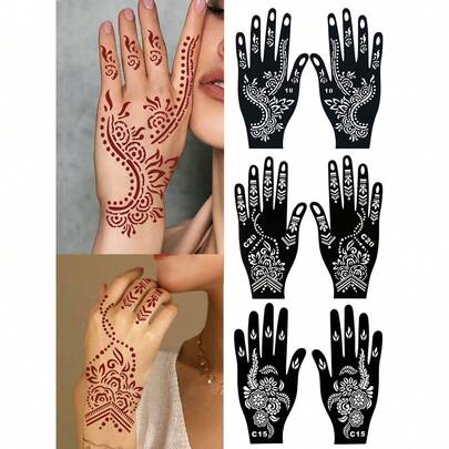 2 张指甲花模板，月亮、星星、圆点图案临时纹身模板，适用于手和脚，Mehndi 设计镂空纹身模板，适用于女性身体彩绘，适合婚礼、节日