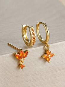 3 pièces Set de boucles d'oreilles pendantes à la mode avec zirconium orange pour femmes. Boucles d'oreilles à fleurs pendantes en acier inoxydable. Bijoux de piercing