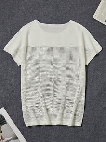 男士网眼拼布透视罩衫，休闲沙滩短袖针织上衣 - 白色 - 查看 3