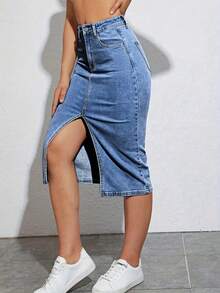 Women's Fashion Stretch Denim Hip Skirt Mid-Skirt - 淺色水洗藍 - 查看 5