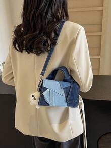 时尚流行的复古风格撞色手提包，撞色，多功能翻盖，轻便可调节肩带斜挎包，休闲简约的单肩包适合上下班、日常旅行、购物和约会。 - 藍色 - 查看 4