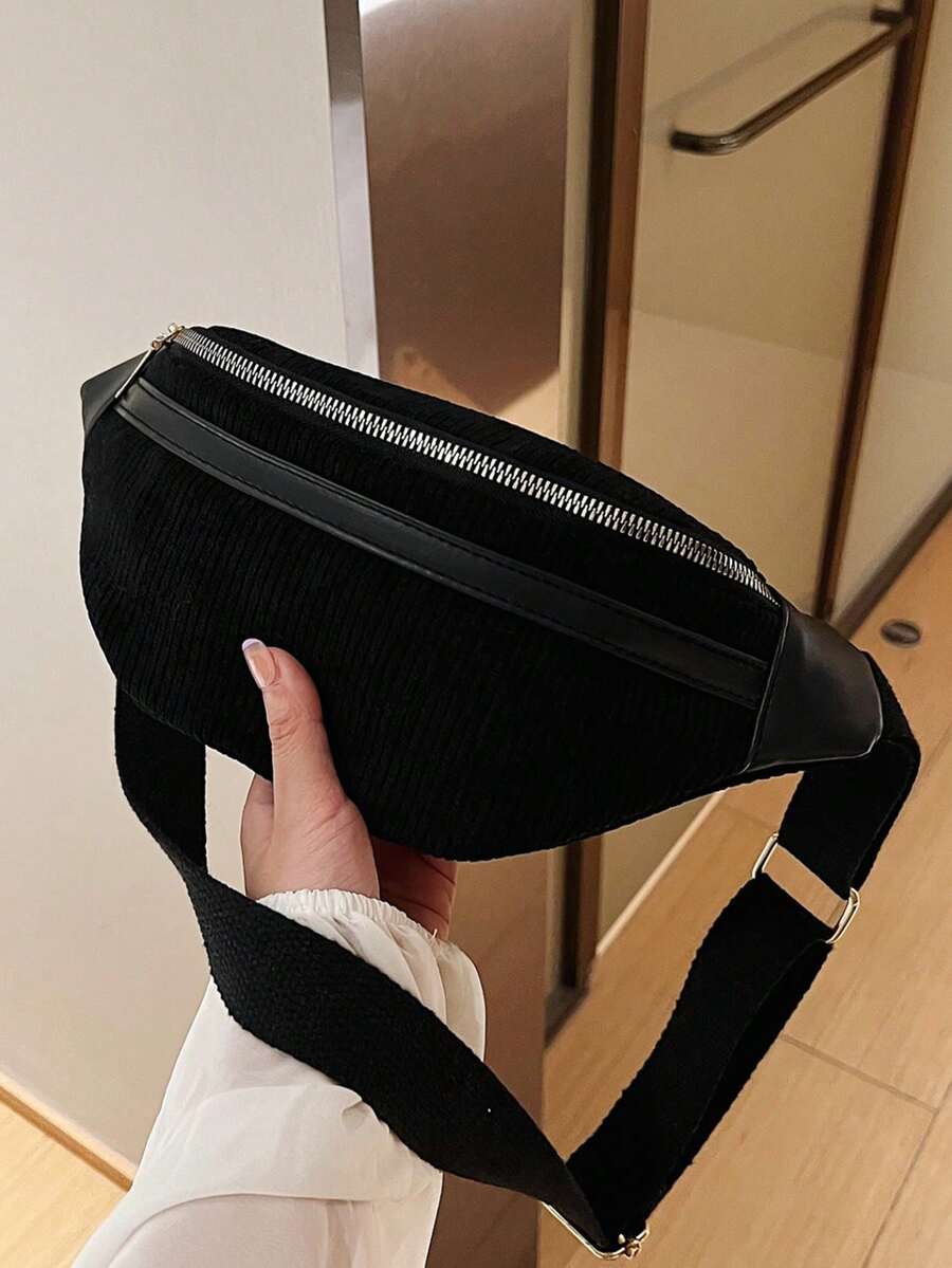 Solid Color Versatile Striped Women Shoulder Chest Bag - Black - View 1
