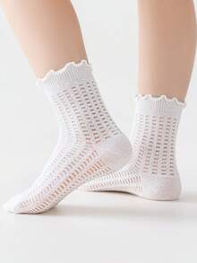 5 Pairs Children's Socks, Summer Mesh Breathable Comfortable Soft Fabric White Ruffle Edge Girls Socks, Cute Black & White Butterfly Kids Socks